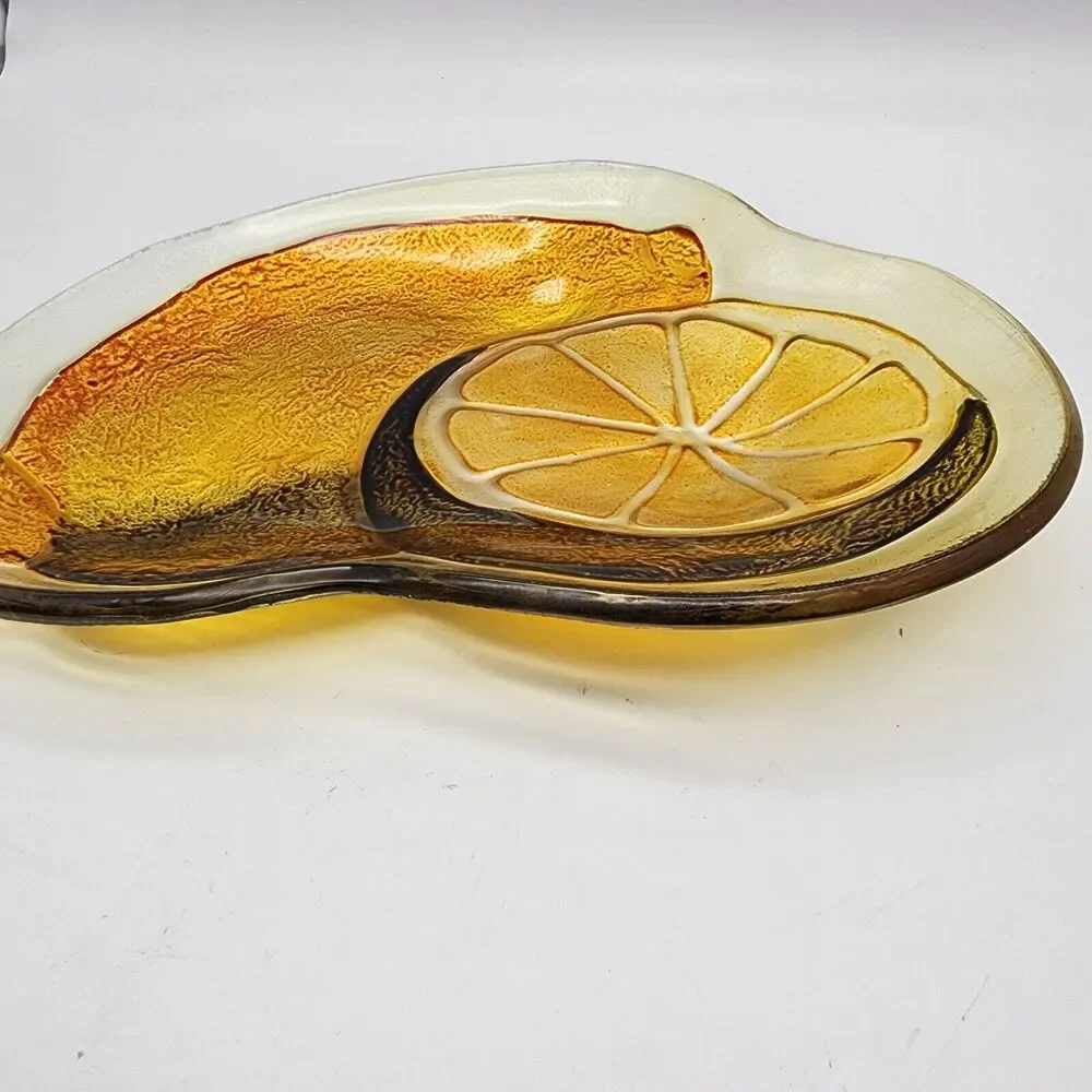 Lemon Embossed Glass Platter Textured Dichroic Tray MCM Retro 9x6.5